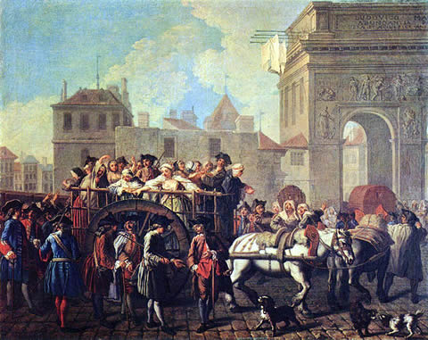 Un quadro del 1745 di Etienne Jeaurat in cui donne che praticavano la prostituzione per strada vengono condotte alla prigione della Salpetriere