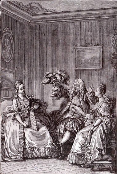Illustrazione del XVIII secolo della commedia Le preziose ridicole di Moliére andata in scena nel 1659 a Parigi