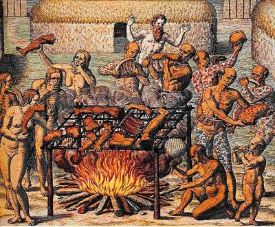 Illustrazione europea di riti cannibalici del Nuovo Mondo, le Americhe