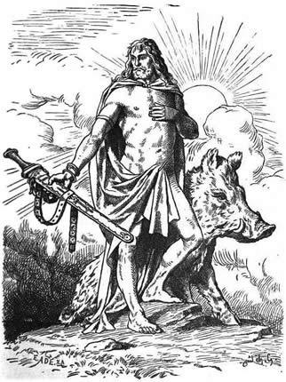 Una moderna rappresentazione del dio norreno Freyr con un cinghiale