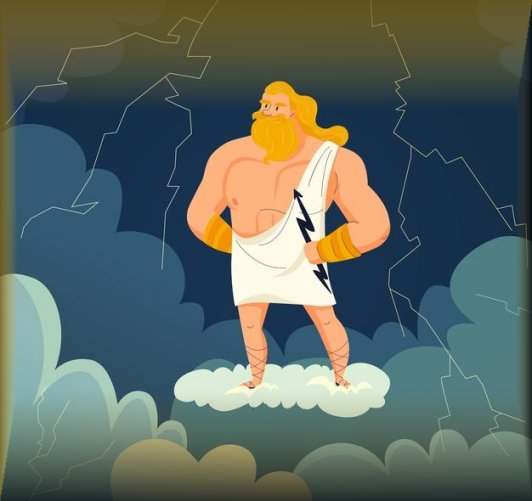 Caricatura del dio greco Zeus, dio dei tuoni e dei fulmini