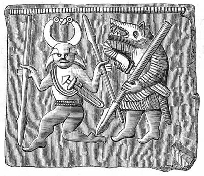 Guerriero con maschera animale e ulfhedinn. Placca decorativa di un elmo del V-VII sec., Torslunda, Svezia